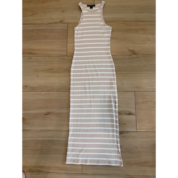 French Connection Dresses & Skirts - French Connection Tan White Striped Ribbed Knit Sleeveless Maxi Dress Slit M